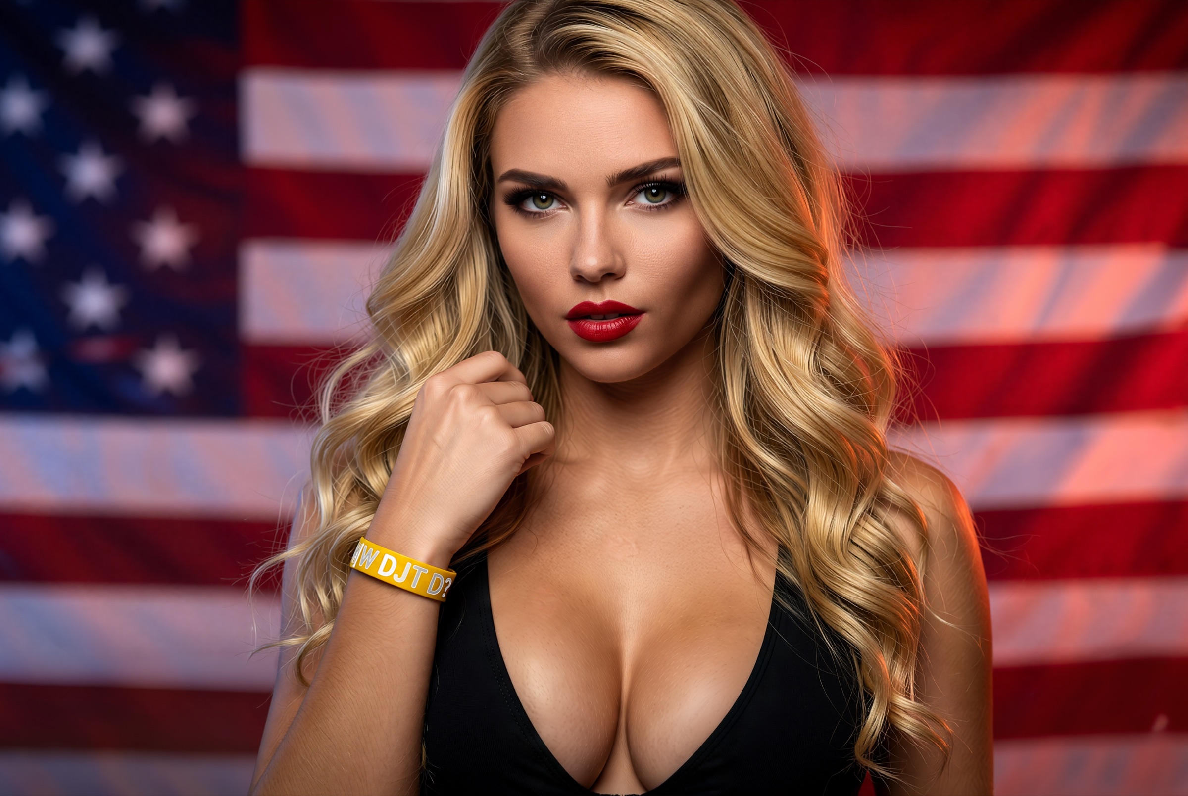 Blonde model in front of an American flag wearing the yellow WW · DJT · D?™ bracelet
